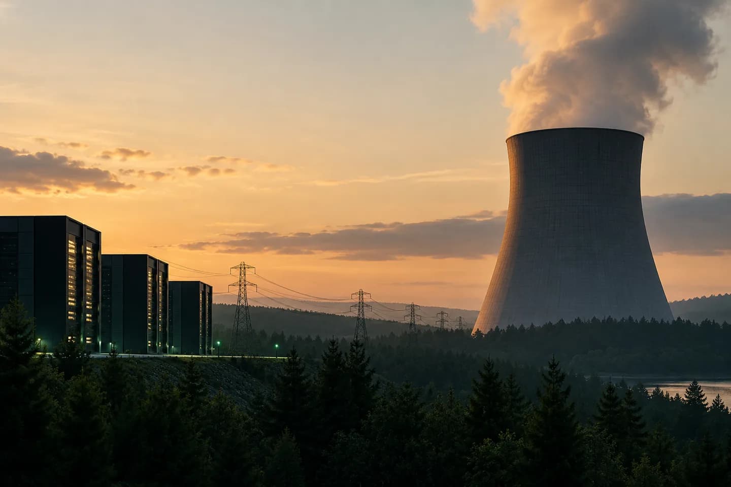 Conceptual illustration of nuclear generation supplying a data centre